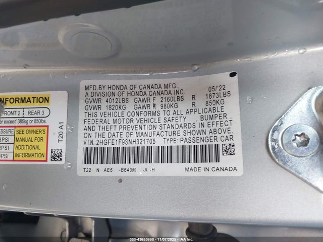 43653690 :رقم المزاد ، 2HGFE1F93NH321705 vin ، 2022 Honda Civic Touring مزاد بيع