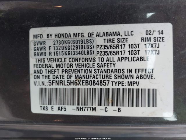 2014 HONDA ODYSSEY 5FNRL5H6XEB084857 Photo 8