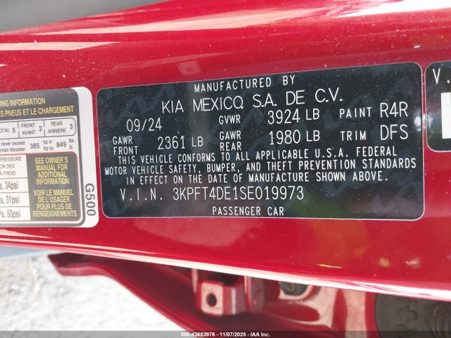 Aukcja sprzedaży 2025 Kia K4 Lxs, vin: 3KPFT4DE1SE019973, numer aukcji: 43653976