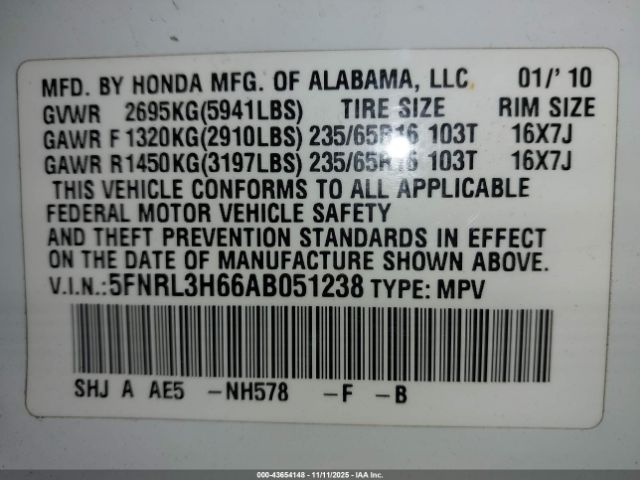 2010 HONDA ODYSSEY 5FNRL3H66AB051238 Photo 8