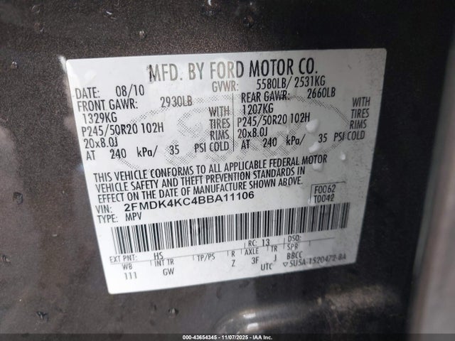 2011 Ford Edge Limited მანქანა იყიდება აუქციონზე, vin: 2FMDK4KC4BBA11106, აუქციონის ნომერი: 43654345