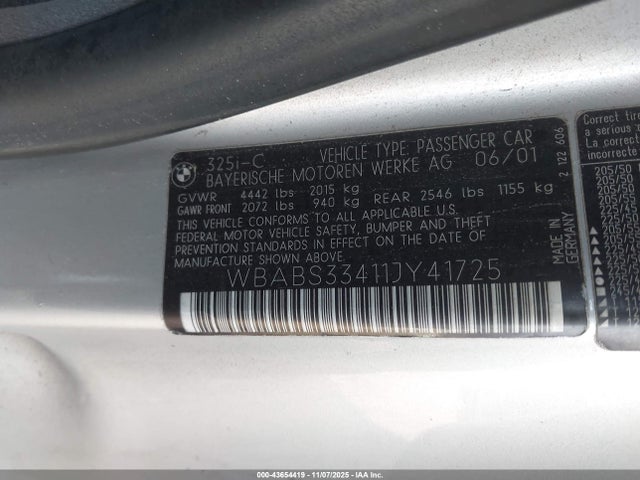 Aukcja sprzedaży 2001 Bmw 325ci, vin: WBABS33411JY41725, numer aukcji: 43654419