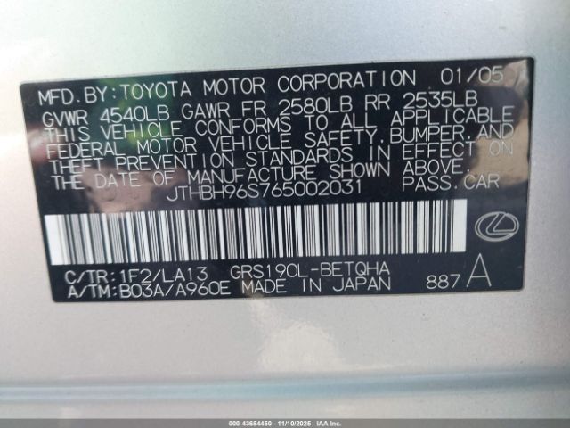 2006 LEXUS GS 300 JTHBH96S765002031 Photo 8