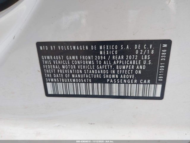 43654510 :رقم المزاد ، 3VWN57BUXKM005476 vin ، 2019 Volkswagen Jetta 1.4t S مزاد بيع