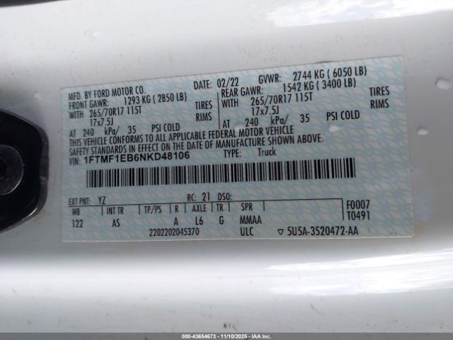 2022 FORD F-150 1FTMF1EB6NKD48106 Photo 8