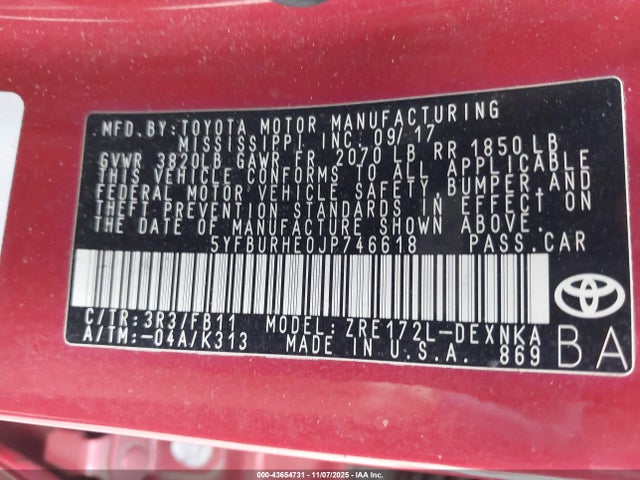 2018 TOYOTA COROLLA 5YFBURHE0JP746618 Photo 8