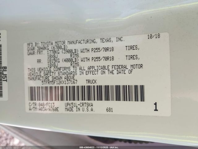 2019 TOYOTA TUNDRA 5TFRM5F12KX137167 Photo 8