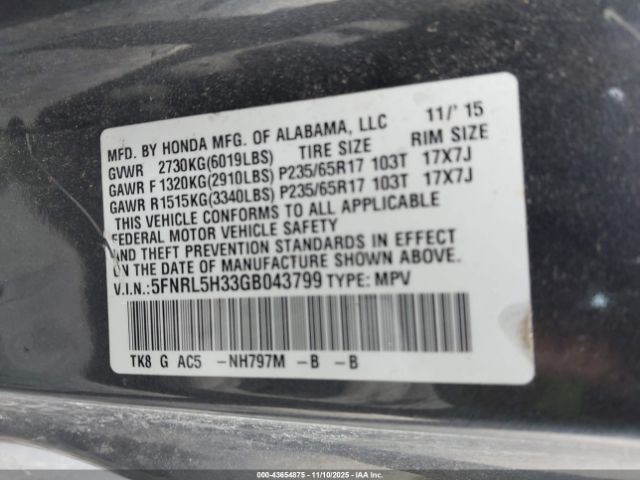 2016 HONDA ODYSSEY 5FNRL5H33GB043799 Photo 8