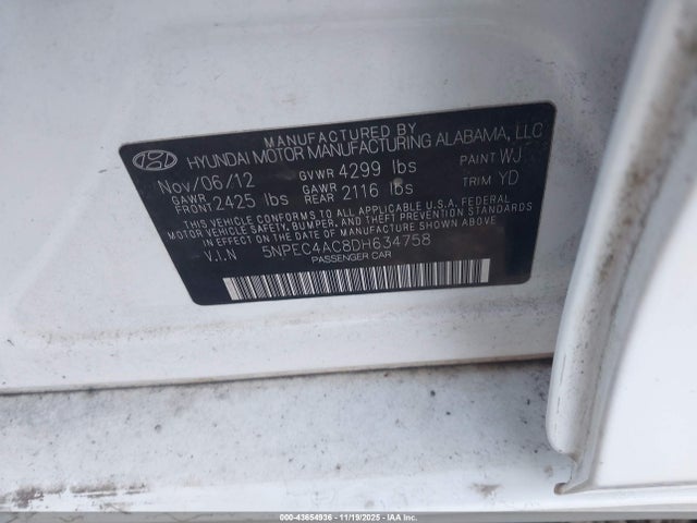 Продаж на аукціоні авто 2013 Hyundai Sonata Limited, vin: 5NPEC4AC8DH634758, номер лоту: 43654936