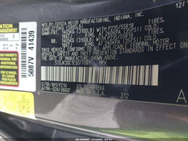 5TDJK3DC1ES077081 Toyota Sienna Le 7 Passenger