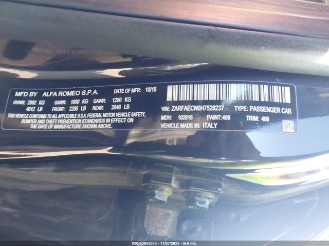 43655083 :رقم المزاد ، ZARFAECN0H7528237 vin ، 2017 Alfa Romeo Giulia Ti Rwd مزاد بيع