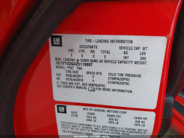 2002 CHEVROLET CORVETTE 1G1YY32G425119997 Photo 8