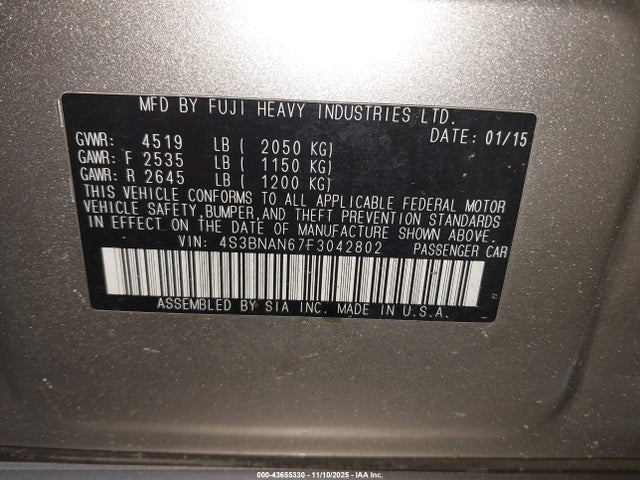43655330 :رقم المزاد ، 4S3BNAN67F3042802 vin ، 2015 Subaru Legacy 2.5i Limited مزاد بيع