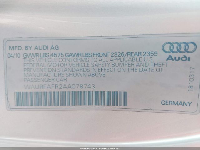 2010 AUDI A5 WAURFAFR2AA078743 Photo 8