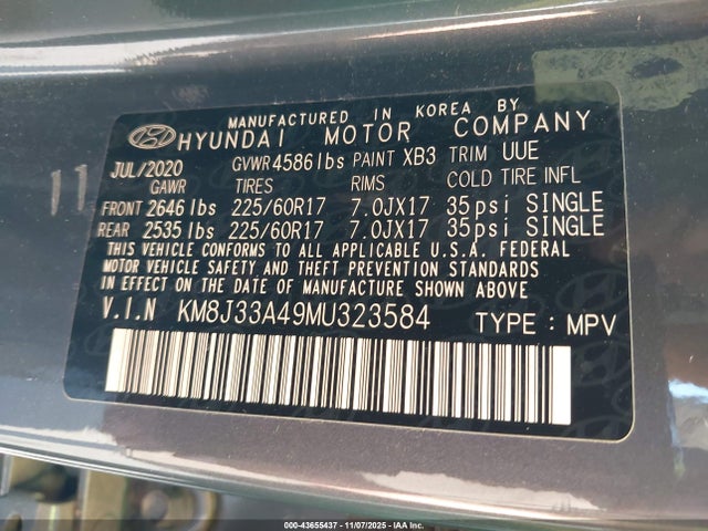 Продажа на аукционе авто 2021 Hyundai Tucson Value, vin: KM8J33A49MU323584, номер лота: 43655437