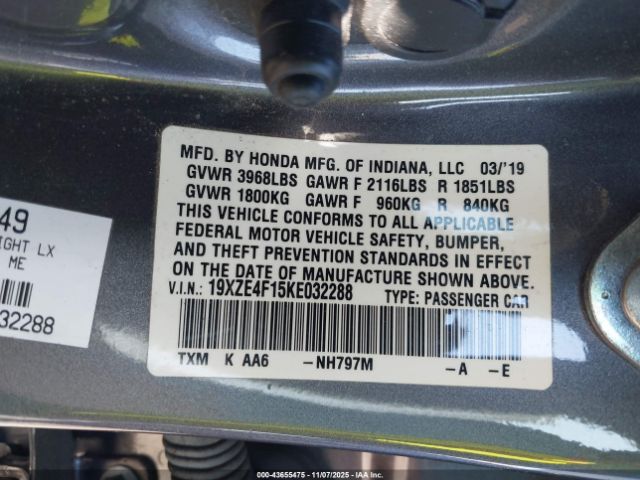 2019 HONDA INSIGHT 19XZE4F15KE032288 Photo 8