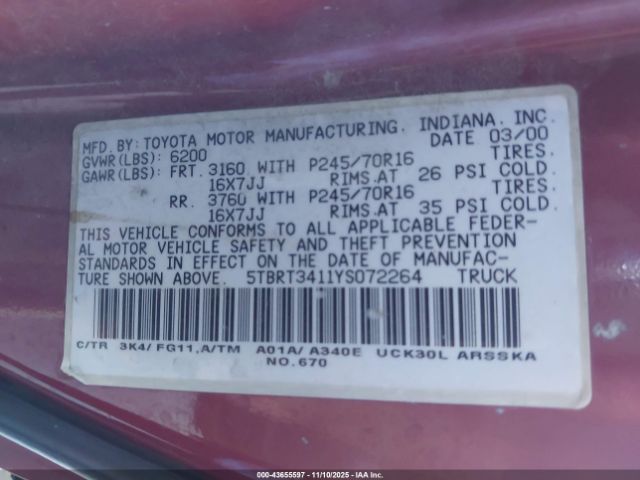 2000 TOYOTA TUNDRA 5TBRT3411YS072264 Photo 8