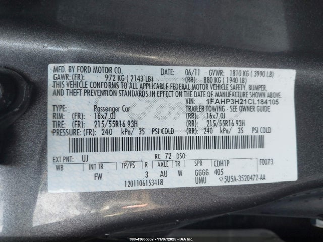 43655637 :رقم المزاد ، 1FAHP3H21CL184105 vin ، 2012 Ford Focus Sel مزاد بيع
