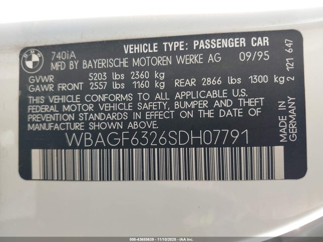 1995 Bmw 740 I Automatic მანქანა იყიდება აუქციონზე, vin: WBAGF6326SDH07791, აუქციონის ნომერი: 43655639
