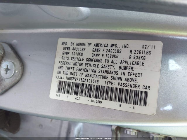 Aukcja sprzedaży 2011 Honda Accord 2.4 Ex, vin: 1HGCP2F76BA101549, numer aukcji: 43655685