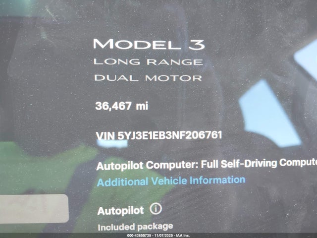 Tesla Model 3 Long Range Dual Motor All-wheel Drive 2022 5YJ3E1EB3NF206761 Image 15