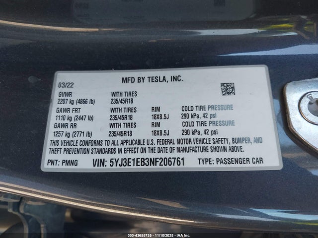 Tesla Model 3 Long Range Dual Motor All-wheel Drive 2022 5YJ3E1EB3NF206761 Image 9