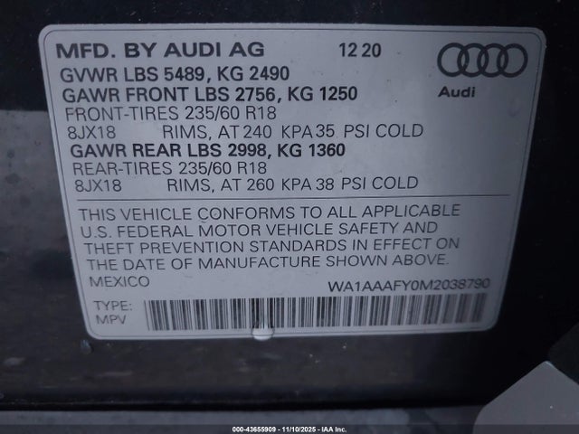 Aukcja sprzedaży 2021 Audi Q5 Premium 45 Tfsi Quattro S Tronic, vin: WA1AAAFY0M2038790, numer aukcji: 43655909
