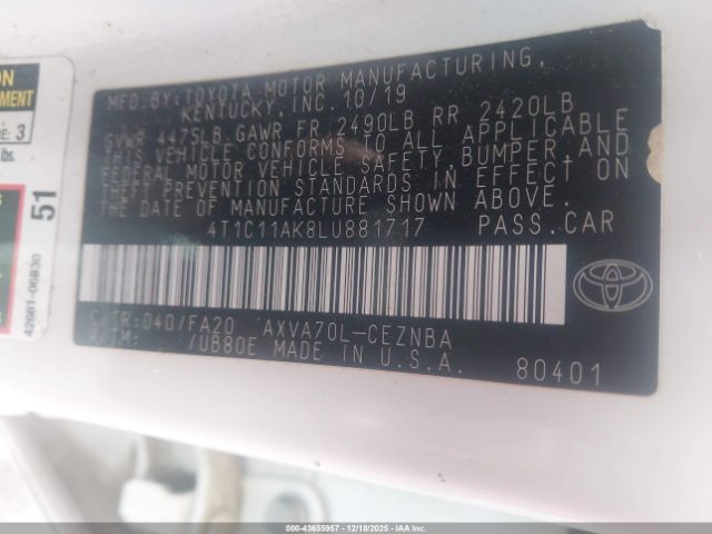 2020 TOYOTA CAMRY 4T1C11AK8LU881717 Photo 8