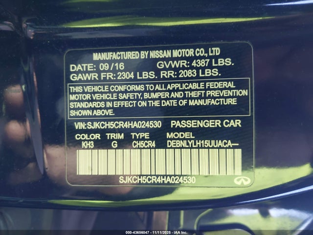 43656047 :رقم المزاد ، SJKCH5CR4HA024530 vin ، 2017 Infiniti Qx30 Premium مزاد بيع