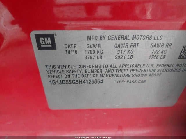 1G1JD5SG5H4125654 Chevrolet Sonic Lt Auto