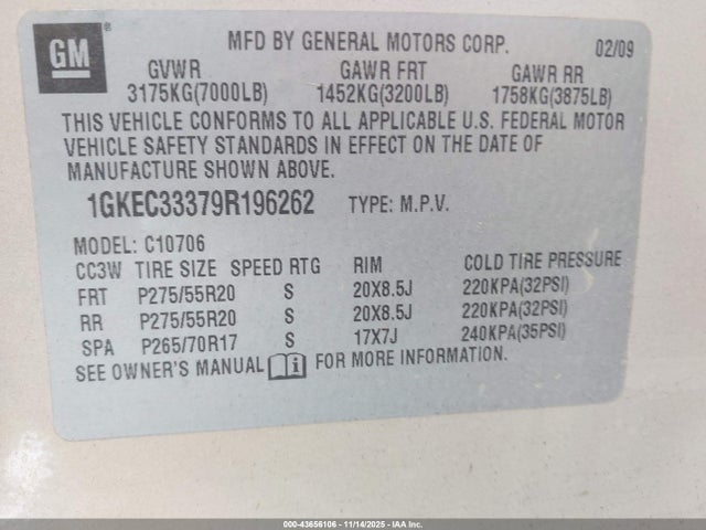 Продажа на аукционе авто 2009 Gmc Yukon Slt2, vin: 1GKEC33379R196262, номер лота: 43656106