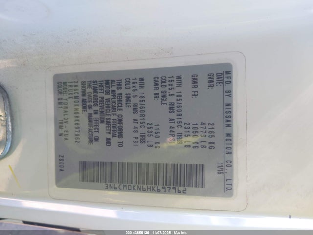 Aukcja sprzedaży 2017 Nissan Nv200 S, vin: 3N6CM0KN6HK697962, numer aukcji: 43656139