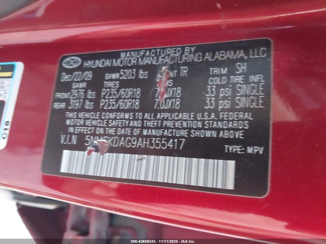 Aukcja sprzedaży 2010 Hyundai Santa Fe Limited V6, vin: 5NMSKDAG9AH355417, numer aukcji: 43656243