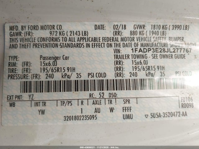 Aukcja sprzedaży 2018 Ford Focus S, vin: 1FADP3E28JL277767, numer aukcji: 43656321