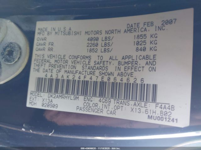 2007 MITSUBISHI ECLIPSE 4A3AK24F47E064626 Photo 8