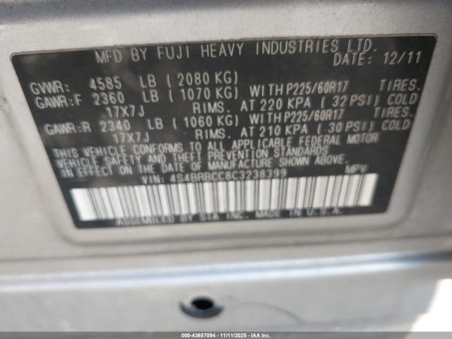 Продажа на аукционе авто 2012 Subaru Outback 2.5i Premium, vin: 4S4BRBCC8C3238399, номер лота: 43657094