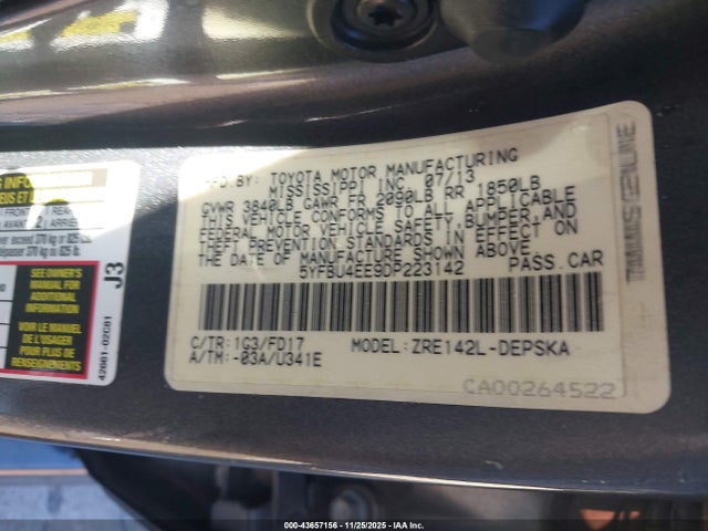 Aukcja sprzedaży 2013 Toyota Corolla S, vin: 5YFBU4EE9DP223142, numer aukcji: 43657156