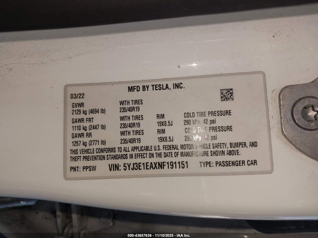 Продажа на аукционе авто 2022 Tesla Model 3 Rear-wheel Drive, vin: 5YJ3E1EAXNF191151, номер лота: 43657636