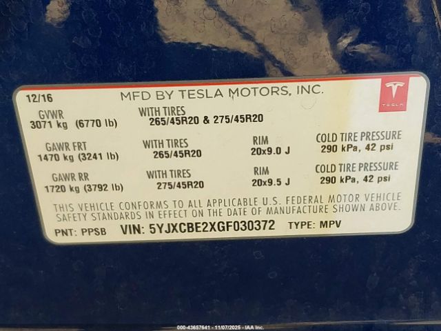 2016 TESLA MODEL X 5YJXCBE2XGF030372 Photo 8