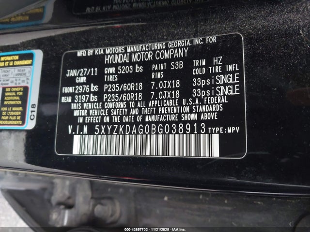 Продаж на аукціоні авто 2011 Hyundai Santa Fe Limited V6, vin: 5XYZKDAG0BG038913, номер лоту: 43657702