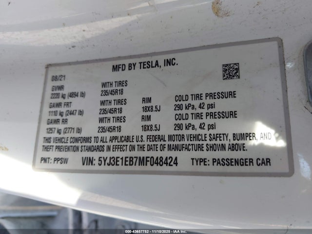 2021 TESLA MODEL 3 5YJ3E1EB7MF048424 Photo 8