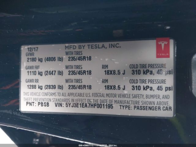 2017 TESLA MODEL 3 5YJ3E1EA7HF001195 Photo 8