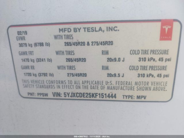 2019 TESLA MODEL X 5YJXCDE25KF151444 Photo 8