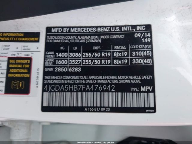 2015 MERCEDES-BENZ ML 350 4JGDA5HB7FA476942 Photo 8