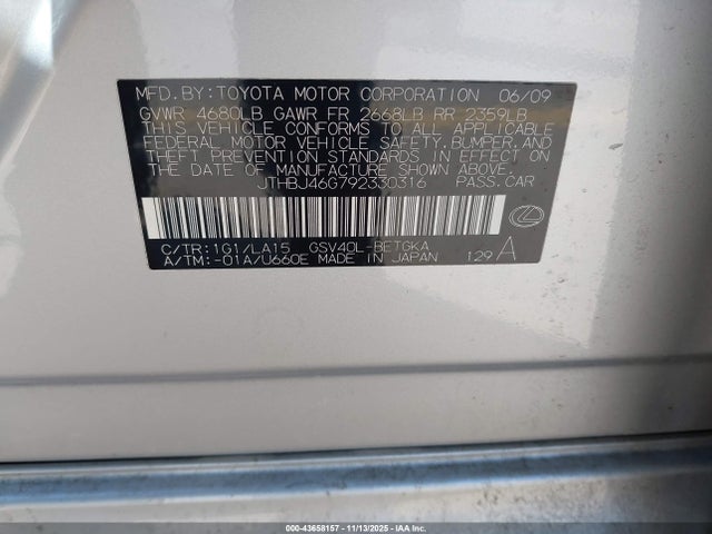 Продажа на аукционе авто 2009 Lexus Es 350, vin: JTHBJ46G792330316, номер лота: 43658157