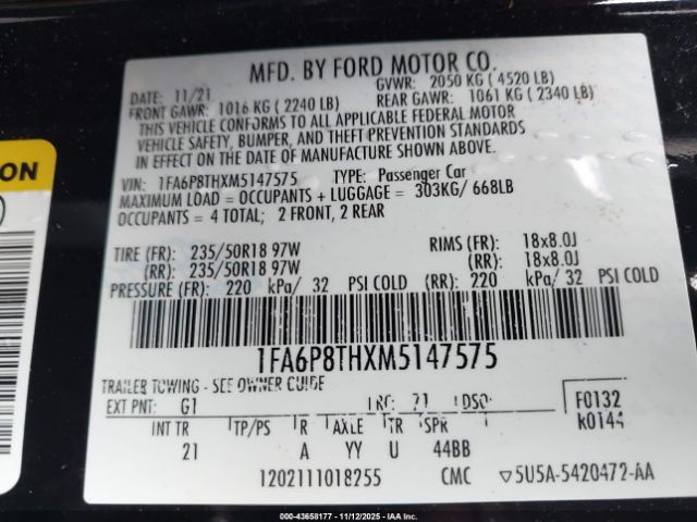 2021 FORD MUSTANG 1FA6P8THXM5147575 Photo 8