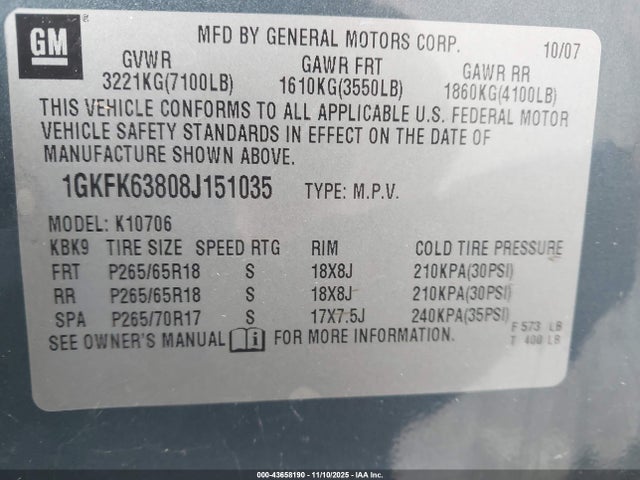 Продаж на аукціоні авто 2008 Gmc Yukon Denali, vin: 1GKFK63808J151035, номер лоту: 43658190