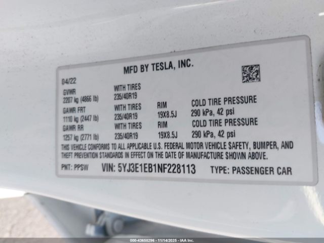 2022 TESLA MODEL 3 5YJ3E1EB1NF228113 Photo 8