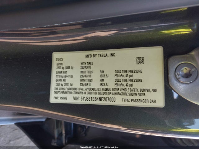 Tesla Model 3 Long Range Dual Motor All-wheel Drive 2022 5YJ3E1EB4NF207000 Image 9