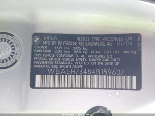 2004 BMW 645CI WBAEH73484B189607 Photo 8